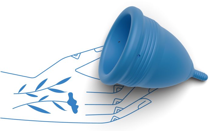 blue jupiter menstrual cup with a stem in a woman's hand
