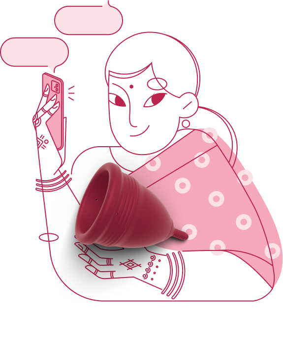 women with a mobile phone and rhodamine red jupiter menstrual cup